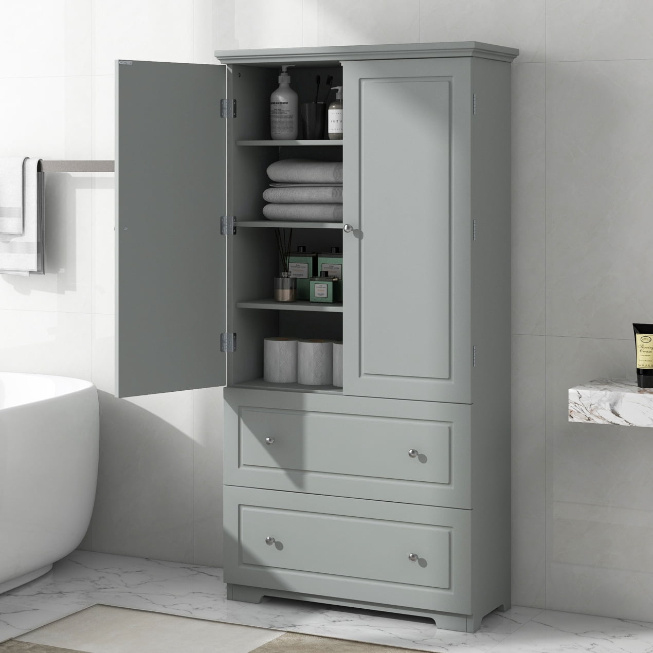62'' H Bathroom Storage Cabinet, Freestanding Storage Cabinet with 2 ...