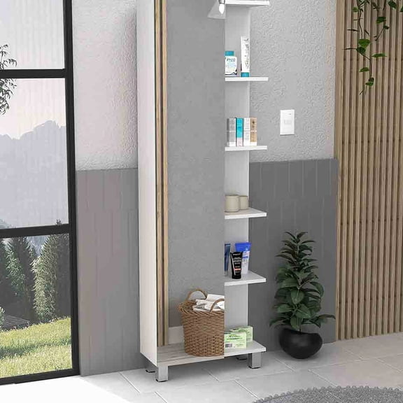 62" H Cabinet In White, With Five Exterior And Four Interior Adjustable Shelves Linen Cabinet, External