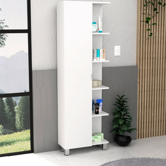 62" H Cabinet In White With Five External Shelves And Four Interior Adjustable Ones For Space Constraint Victories Linen Single Door Limited