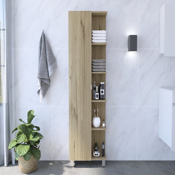62" H Oak Linen Cabinet, With Five Exterior Shelves And Four Interior Ones - Beige, Particle Board, Space Notable Cabinet Open Three Adjustable In For