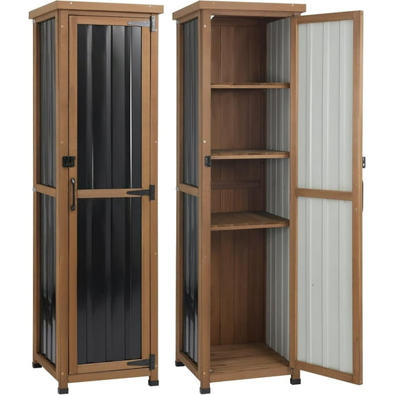 62" H Tall Narrow Outdoor Storage Cabinet with Metal Top, Outdoor Shed Storage Unit Waterproof with Adjustable Shelves for Garden, Patio, Living Room, or Entryway Storage, Black