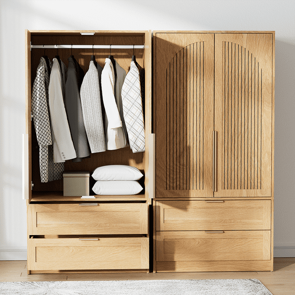 62" H Wooden Armoire Wardrobe Closet, Farmhouse Wardrobe Closet with 2 Doors, Hanging Rod, Oak Armoire with 2 Drawers for Home, Bedroom