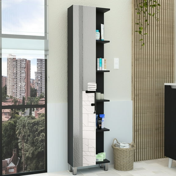 62" High Linen Cabinet In Black, Featuring Five Exterior And Four Adjustable Interior Shelves H, Comprising Ones