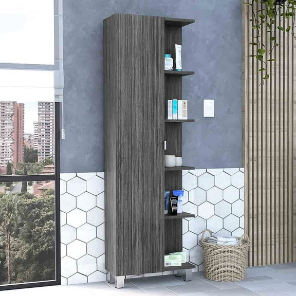 62" High Linen Storage Cabinet With Five Outer And Four Inner Shelf Sections In Oak - Space Efficient Furnishing Shelving H Exterior Interior Shelves Cabinetry