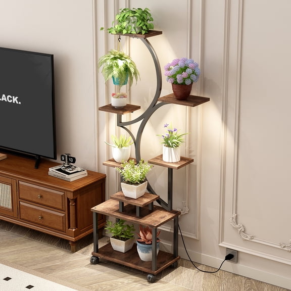 62 Inch 8 Tier S Shaped Plant Stand with Grow Lights Walnut
