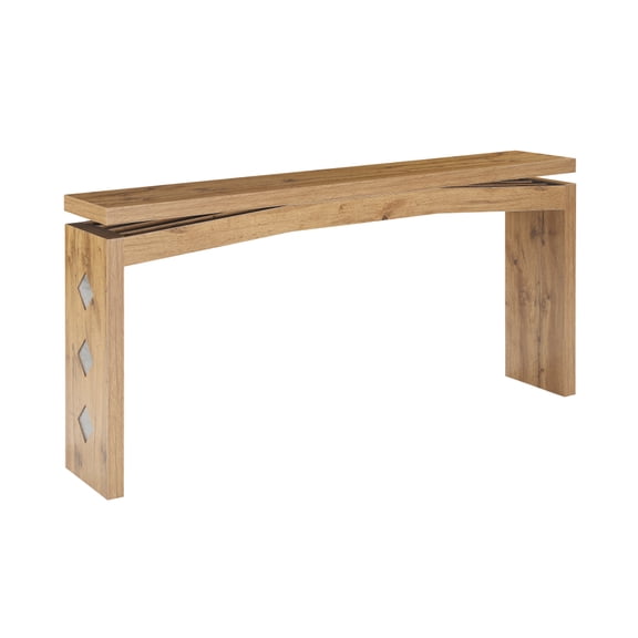 62 Inch Console Table with Floating Curved Crossbeam, Geometric Inlay Design, Slim Entryway Sofa Back Table for Hallway Living Room, Walnut Brown
