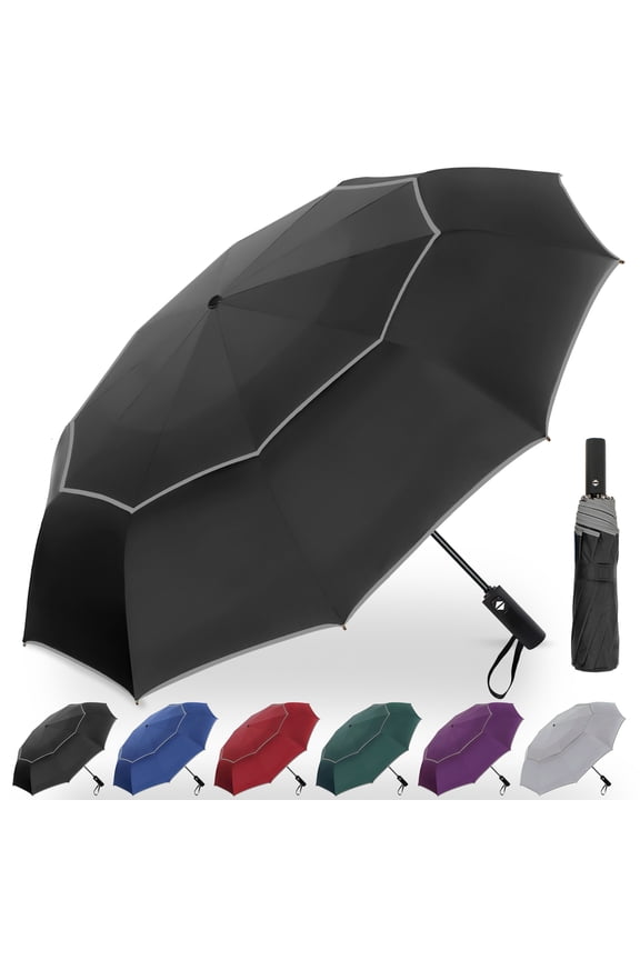 62 Inch Large Portable Golf Umbrella with Reflective Stripe, Windproof 10 Ribs Vented Double Canopy Oversize Compact Rain Umbrellas for Travel, Waterproof UV Protection Umbrella Auto Open/Close