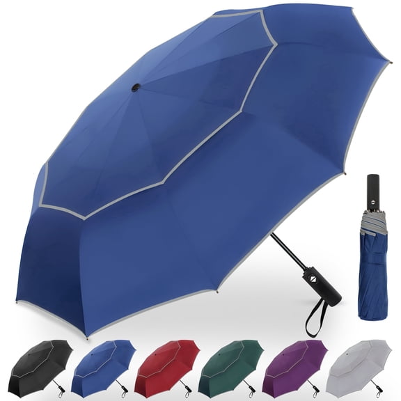62 Inch Large Vented Golf Umbrella with Reflective Stripe Windproof Double Canopy 10 Ribs Portable Travel Umbrella UV Protection Auto Open Close Blue