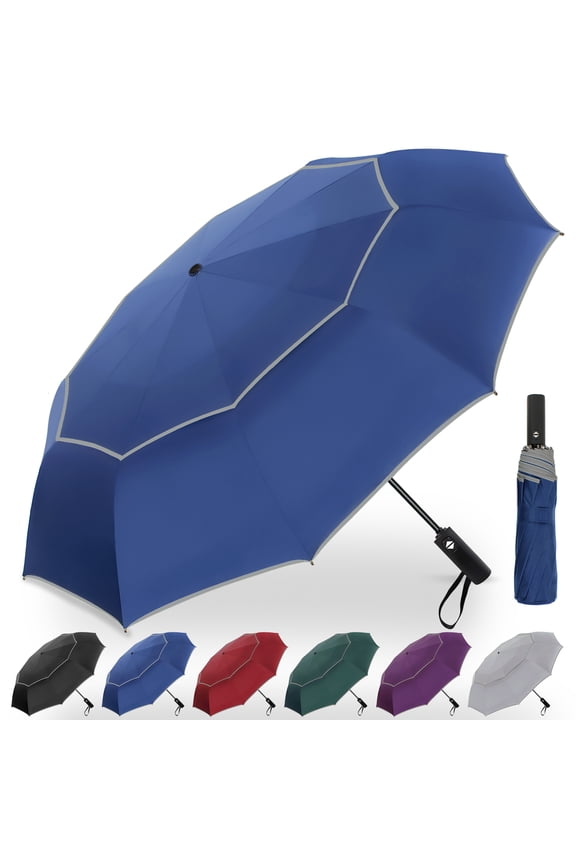 62 Inch Large Vented Golf Umbrella with Reflective Stripe Windproof Double Canopy 10 Ribs Portable Travel Umbrella UV Protection Auto Open Close Blue