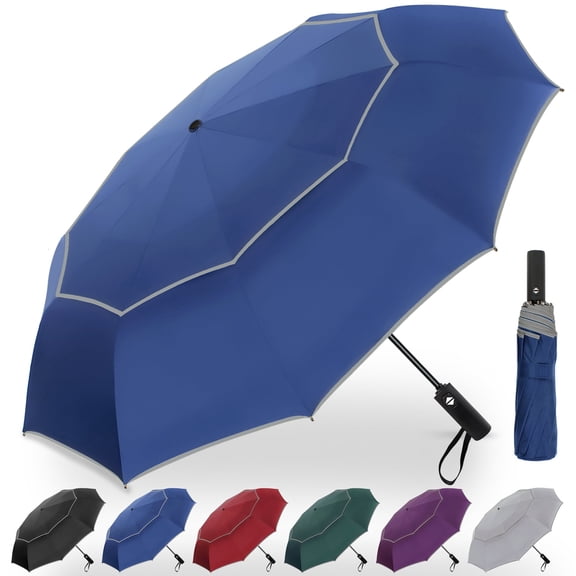 62 Inch Large Vented Golf Umbrella with Reflective Stripe Windproof Double Canopy 10 Ribs Portable Travel Umbrella UV Protection Auto Open Close Blue