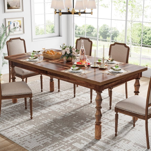 62 Inch Rectangle Dining Table For 4-6, Farmhouse Kitchen Table With Carved Turned Legs, Sturdy MDF Top, Adjustable Leveling Feet, Easy Assembly Brown