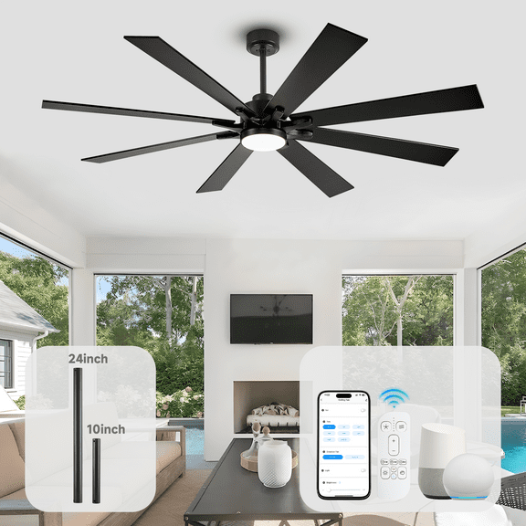 62 Inch Smart Ceiling Fan with Light, Modern Balck Ceiling Fan, Outdoor Ceiling fans for Patios Damp-rated, 8 Reversible Blades, Quiet DC Motor, 5 CCT for Kitchen Bedroom Gazebo