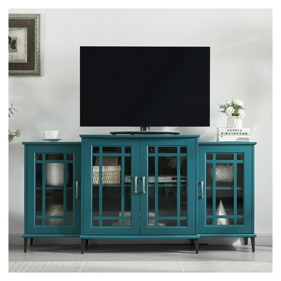 62 Inch Teal Blue TV Stand, Buffet Sideboard Cabinet, Entertainment Console with Glass Doors, 40-49 Inches MDF