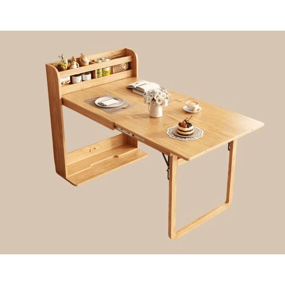 62 Inch Wall Side Murphy Foldable Dining Table with Integrated Shelf Storage, Natural, Wood
