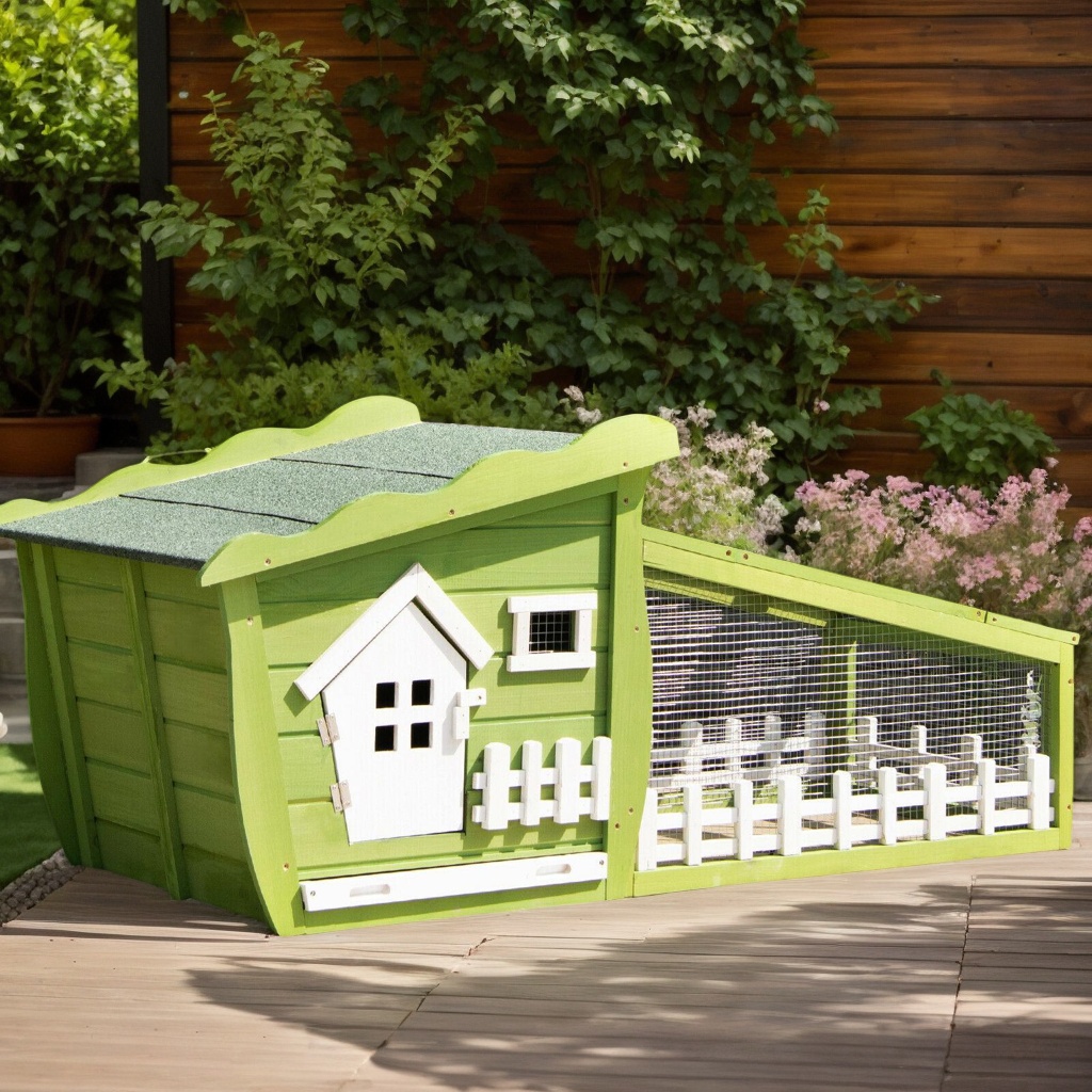 62 Inch Wooden Rabbit Hutch with Pull Out Tray-Green, Rabbit Hutch for Cats, Rabbits, Bunnies, Guinea Pigs
