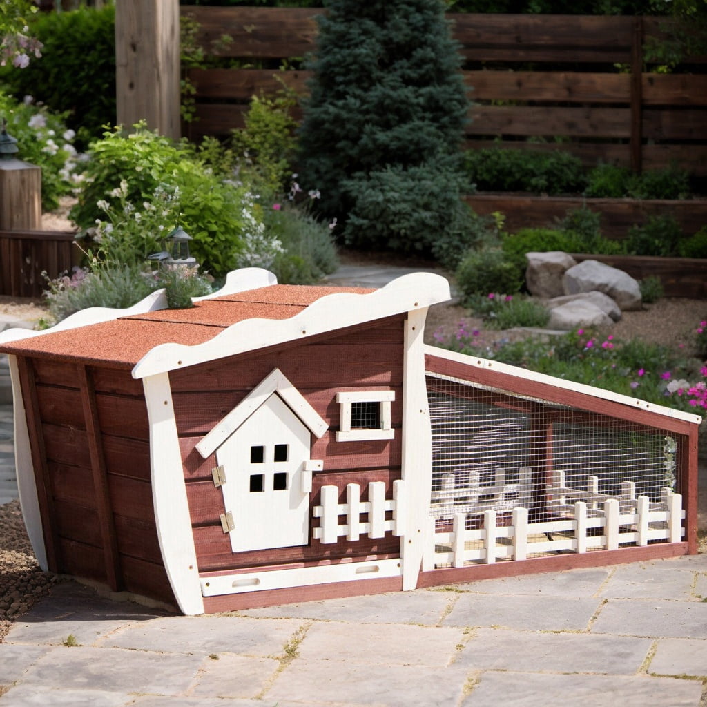 62 Inch Wooden Rabbit Hutch with Pull Out Tray-Red, Rabbit Hutch for Cats, Rabbits, Bunnies, Guinea Pigs