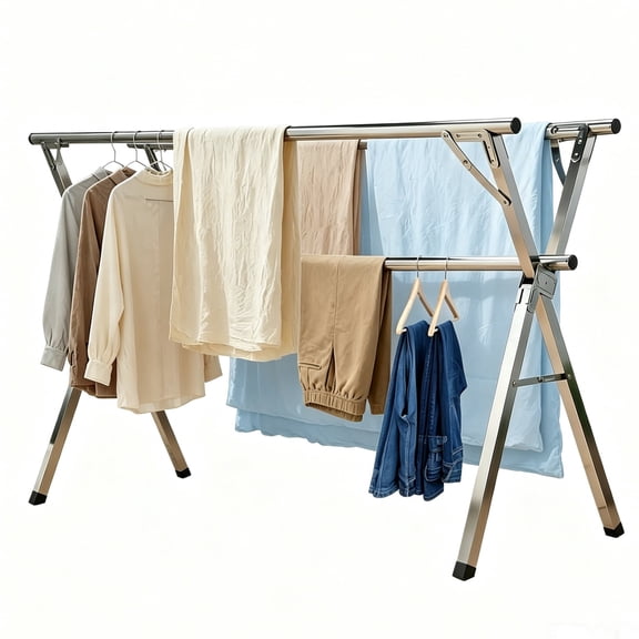 63 Inches Clothes Drying Rack for Outdoor and Indoor, Foldable Heavy Duty Stainless Steel Laundry Rack, Portable Large Clothes Rack with 20PCS Windproof Hooks, Sliver