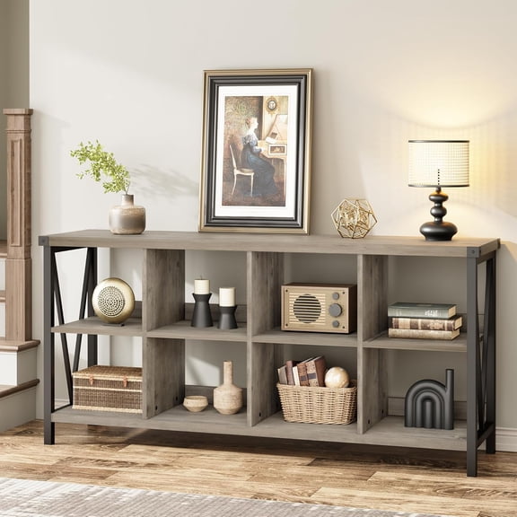 62" Industrial 3-Tier Console Table with 8 Cube Storage Shelves, Metal Frame and MDF Shelves, Low Bookshelf Sofa Table for Living Room, Entryway & Office,Gray