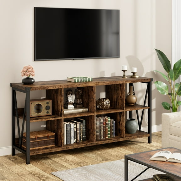62" Industrial 8-Cube Storage Shelf, 3-Tier Metal Bookcase Console for Living Room & Entryway
