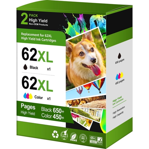 62 Ink Cartridge Compatible for HP Ink 62 HP 62XL Works with HP Envy 5540 5640 5660 7644 OfficeJet 5740 5741 8040 OfficeJet 200 250 Series Printer (2-Pack, 1 Black 1 Tri-Color)