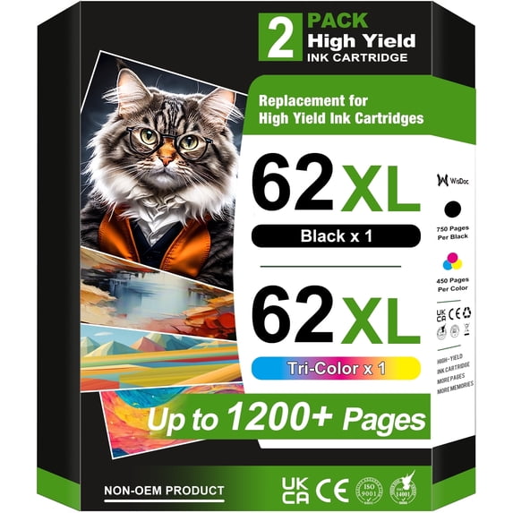 62 ink 62xl ink cartridges Compatible for HP 62XL Ink Cartridges for HP ENVY 5540 5640 5660 7644 7645 5740 8040 200 250 Printer ink hp 62 (Black,Tri-Color)