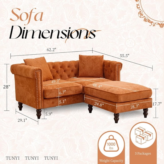 62" L-Shaped Button Tufted Sofa Loveseat with Movable Ottoman, Wood , Comfort Pillow for Living Room