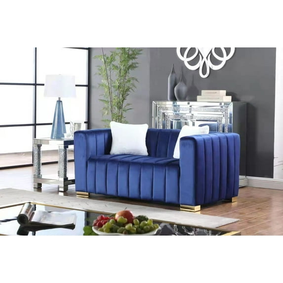 62"L Velvet Channel Tufted Sofa, Modern Upholstered Couch with Metal Legs and Pillows, Traditional Chesterfield Loveseat Sofa for Bedroom, Office, Living Room, Navy Blue