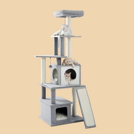 62" Large Modern Cat Tree with Multi-Floor Play Towe and Dangling Toy Grey
