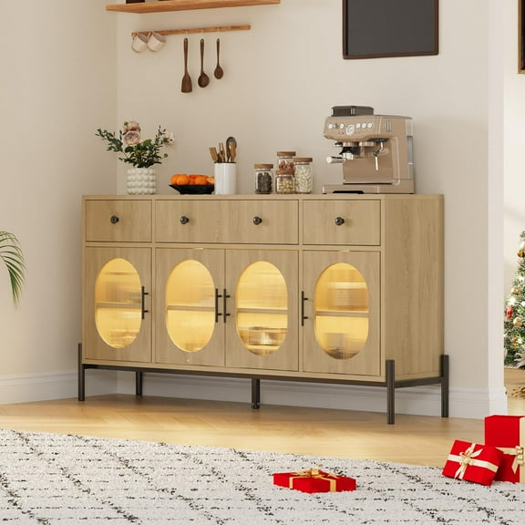 62" Large Sideboard Buffet with Storage, Modern Farmhouse Coffee Bar with 3 Drawers & Adjustable Shelves, Wooden Kitchen Pantry Storage Cabinet for Living Room, Entryway