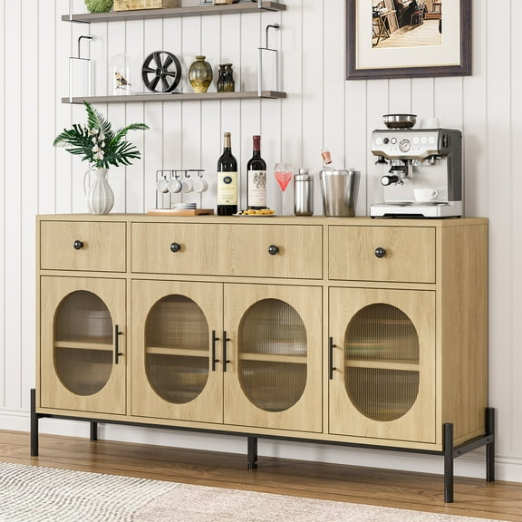 62" Large Sideboard Buffet with Storage, Modern Farmhouse Coffee Bar with 3 Drawers & Adjustable Shelves, Wooden Kitchen Pantry Storage Cabinet for Living Room, Entryway