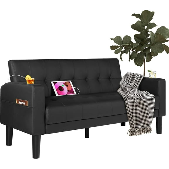 62" Loveseat Couches Upholstered Leather Love Seat Sofas Couch with 2 USB, Cup Holders, Side Pocket, Mid-Century Modern Tufted Sofa for Living Room,Office,Bedroom,Apartment (Black, 2-Seat)