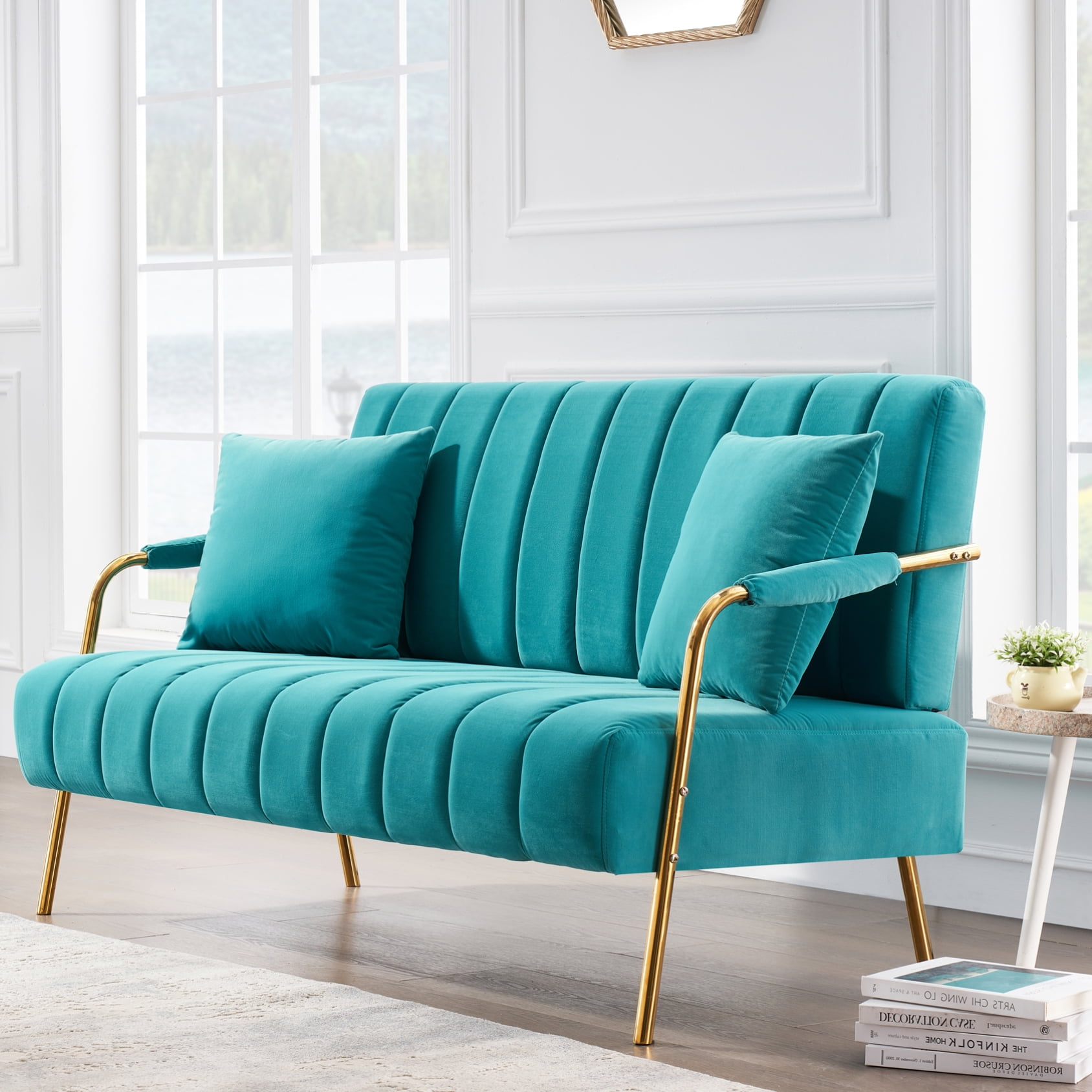 62" Loveseat Sofa Velvet Modern Couch Electroplated gold Armrest 2