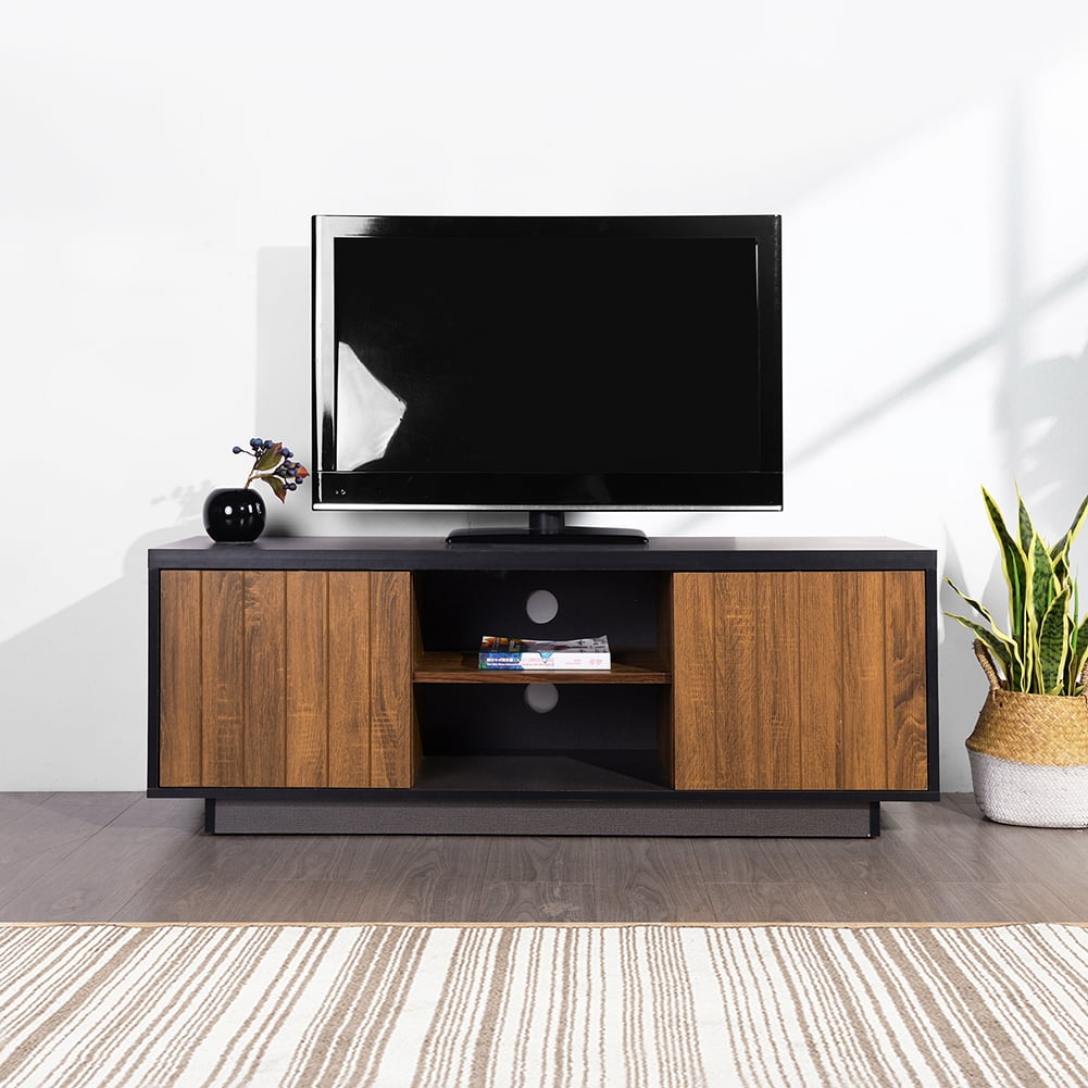 62" Media Console Wood TV Stand, Mid-Century Modern Console TV Console with 2 Door, Walnut