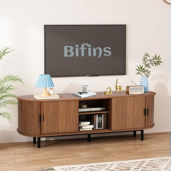 62" Mid Century Modern TV Stand with Tambour Door, Farmhouse Curved Round Edge TV and Media Console Table, Fluted Entertainment Center for Living Room, Bedroom (Walnut, 62inch)