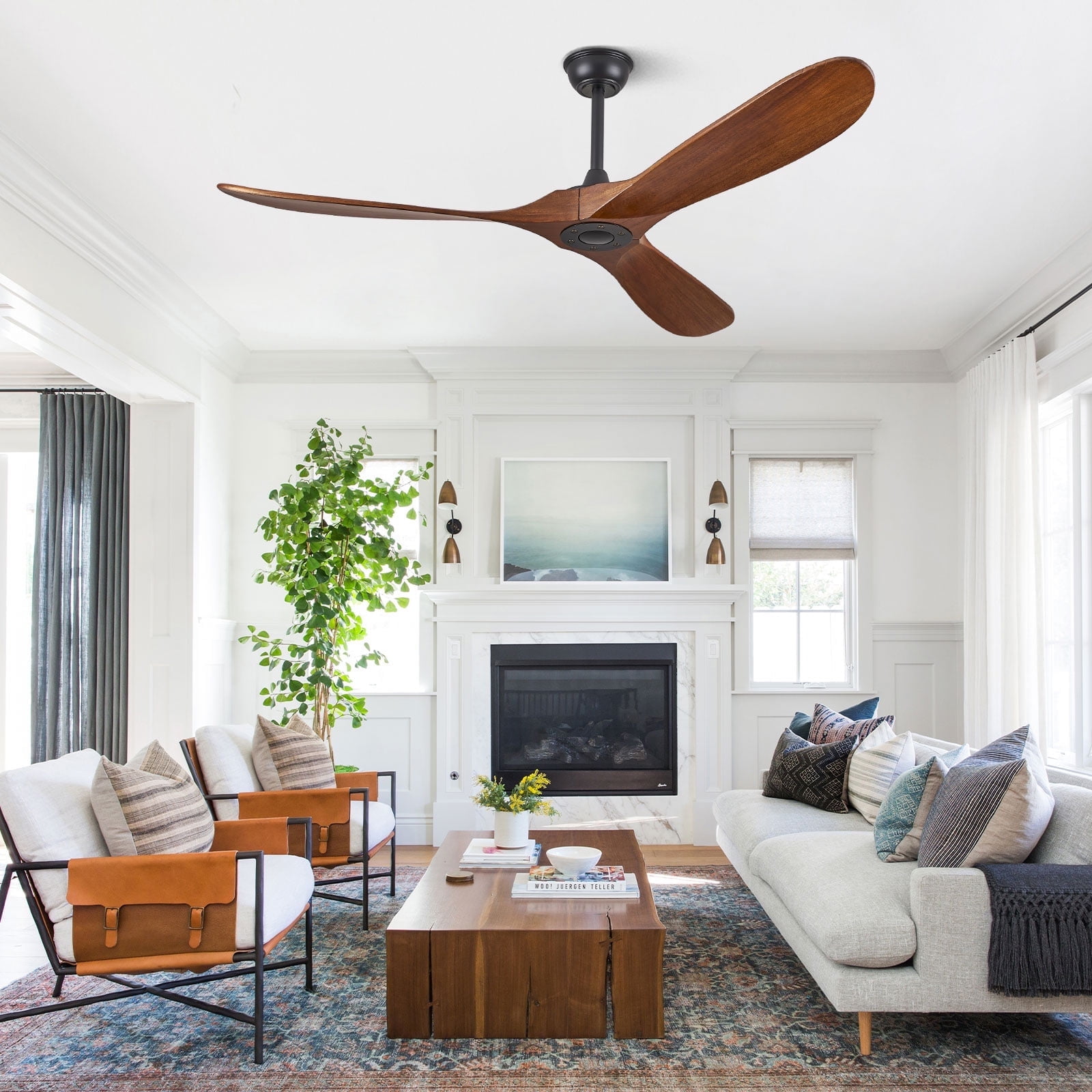 62'' Modern 3-Blade Ceiling Fan (No Light) – Solid Walnut Wood Propeller Ceiling Fans, Quiet DC Motor & Standard Remote Control | Indoor/Outdoor Use for Patio, Coastal & Farmhouse Spaces