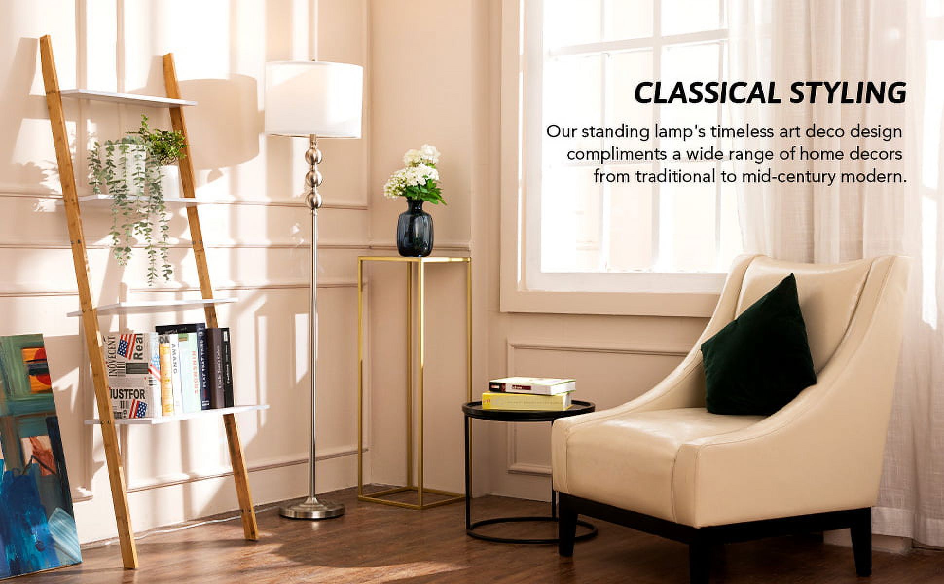 62" Modern Floor Lamp with Drum Lamp Shade | 3-Orb Art Deco Standing Lamp with Fabric Shade and Weighted Base