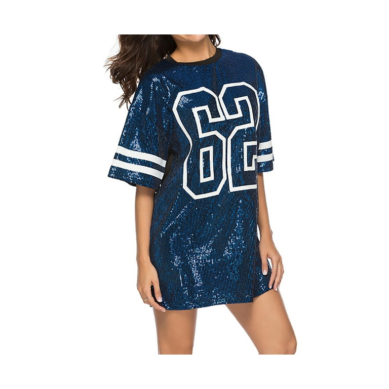 Whitewed 62 Number Sequined Oversized T Shirt Short Dresses Top with Sequin Sleeves Blue Women s Size 2XL
