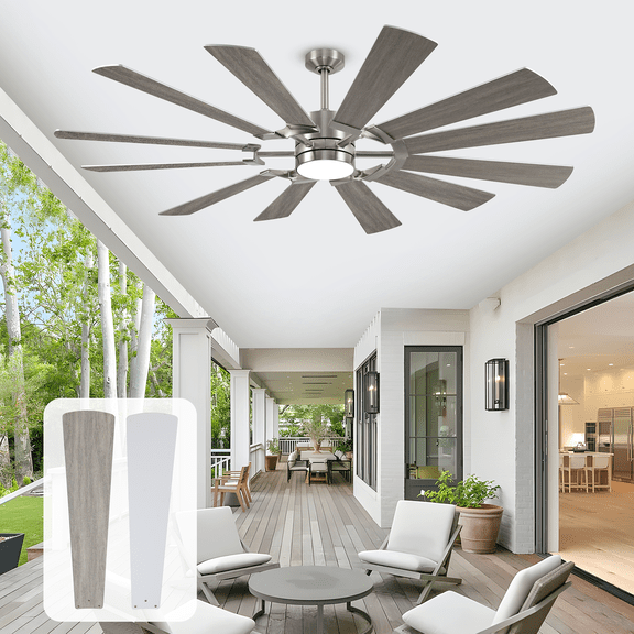 62" Ceiling Fan with Light and Remote, Damp Rated 12 Blades Modern Farmhouse Large Double-sided Reversible Commercial Dimmable Fan for Exterior Outside Porch Gazebo