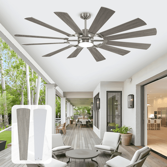62" Ceiling Fan with Light and Remote, Damp Rated 12 Blades Modern Farmhouse Large Double-sided Reversible Commercial Dimmable Fan for Exterior Outside Porch Gazebo