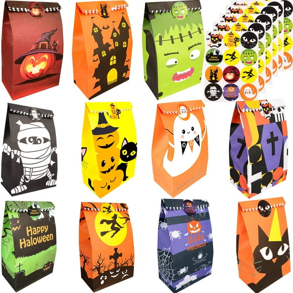 62 Pack Halloween Treat Bags Candy Bags, Trick or Treat Goodie Gift Bags for Kids, Halloween Paper Bags with 72pcs Stickers for Halloween Party Favor