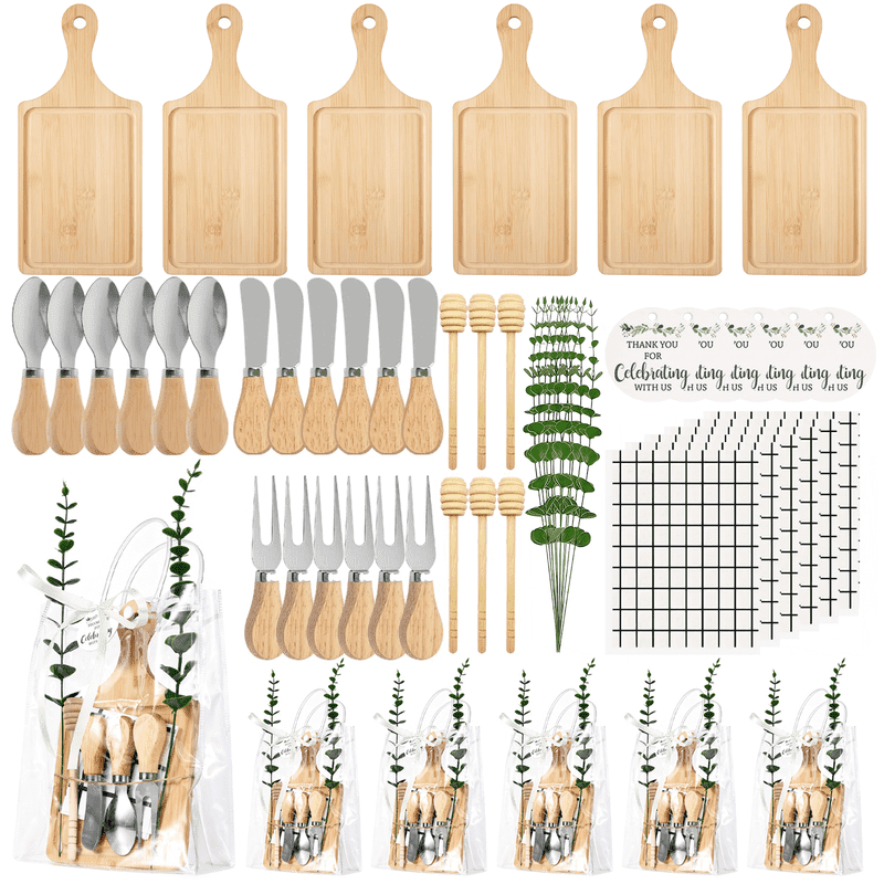 62 Pcs/6 Set Baby Shower Prizes for Game Winners, Bamboo Cheese Board Gift for Guest with Knives Fork Spoon, Honey Sticks, Tablecloth, Eucalyptus Stem, Gift Bag, Bridal Shower Party Favors