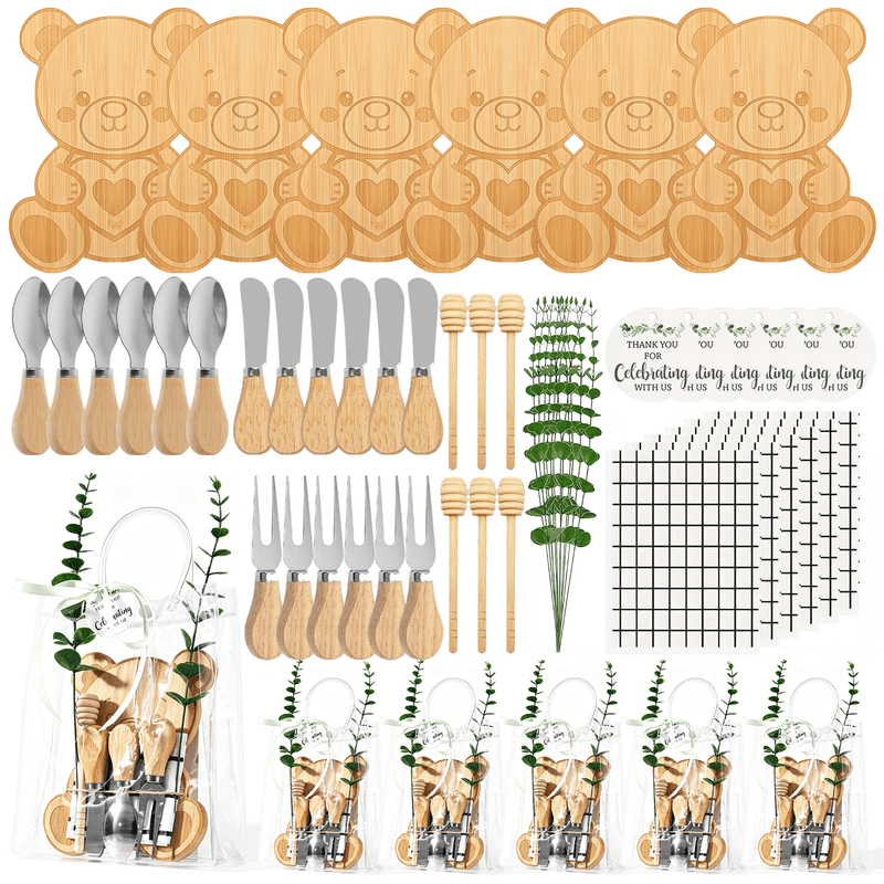 62 Pcs/6 Set Baby Shower Prizes for Game Winners, Bear Bamboo Cheese Board Gift for Guest with Knives Fork Spoon, Honey Sticks, Tablecloth, Eucalyptus Stem, Gift Bag, Bridal Shower Party Favors