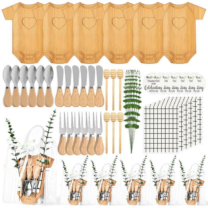 62 Pcs/6 Set Baby Shower Prizes for Game Winners, Bodysuit Bamboo Cheese Board Gift for Guest with Knives Fork Spoon, Honey Sticks, Tablecloth, Eucalyptus Stem, Gift Bag, Bridal Shower Party Favors
