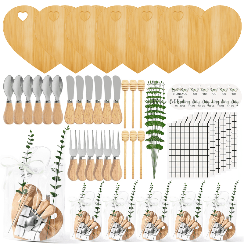 62 Pcs/6 Set Baby Shower Prizes for Game Winners, Heart Bamboo Cheese Board Gift for Guest with Knives Fork Spoon, Honey Sticks, Tablecloth, Eucalyptus Stem, Gift Bag, Bridal Shower Party Favors