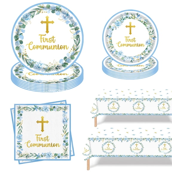 62 Pcs First Communion Decorations for Boys, Baptism Plates and Napkins Blue Primera Comunion Decoracion 1st Communion Party Supplies for Baptism Party Decorations Serves 20