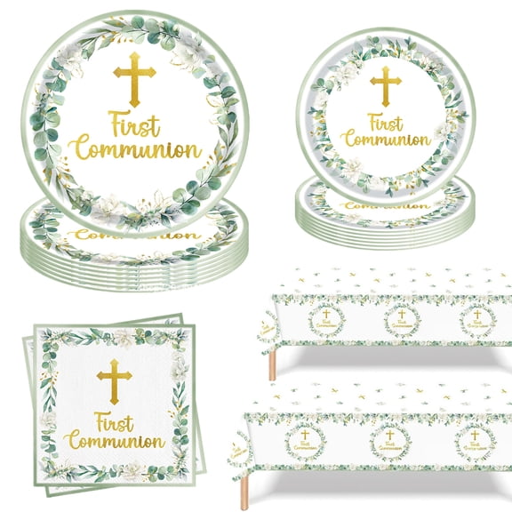 62 Pcs First Communion Party Decorations, God Bless Baptism Plates and Napkins Green Primera Comunion Party Supplies for First Holy Communion Baptism Party Decorations Serves 20