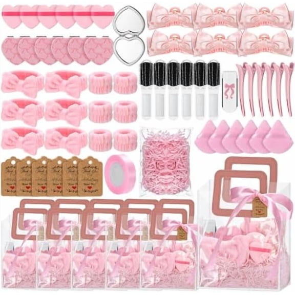 62 Pcs Pink Baby Shower Prizes Set for Play Winners Pink Bow Wedding Bridal Shower Gifts Baby Party Favors Including Headband Hair Claw Clips Powder Puff Mirror Comb Gift Bag,6 Set