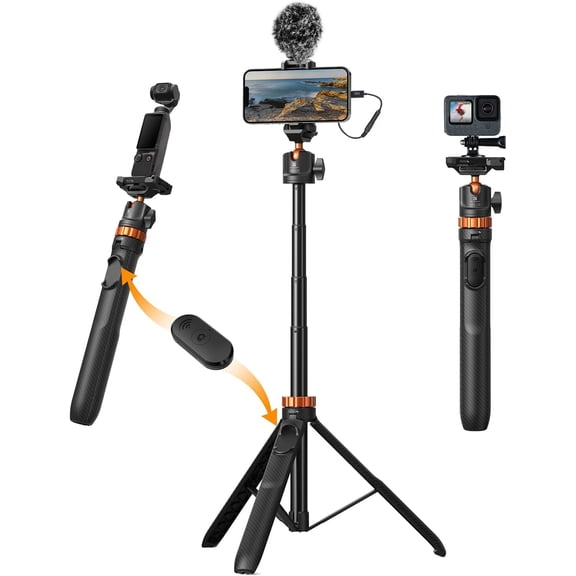 62'' Phone Selfie Stick Tripod, 2-in-1 Extendable Cell Phone Tripod Stand with Remote, 360 Ball Head Camera Tripod Compatible with Osmo Pocket3 Action 6/5Pro GoPro 13/12 iPhone.