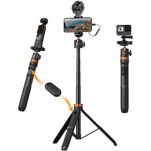 62'' Phone Tripod, 2-in-1 Extendable Cell Phone Tripod Stand with Remote, 360 Ball Head Camera Tripod Compatible with DJI Osmo Pocket 4/3 Action 6/5Pro GoPro 13/12 iPhone.