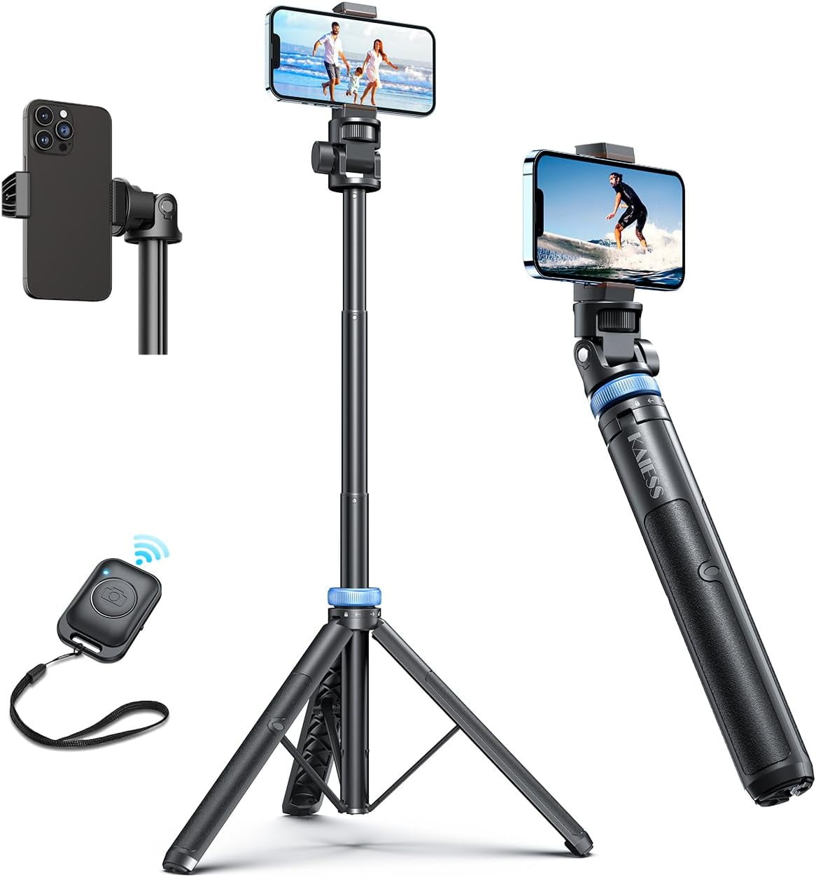 62" Phone Tripod & Selfie Stick, Extendable Photography Light Stand with Wireless Remote, Solidest, Portable, Lightweight, Compatible with iPhone/Android Phone